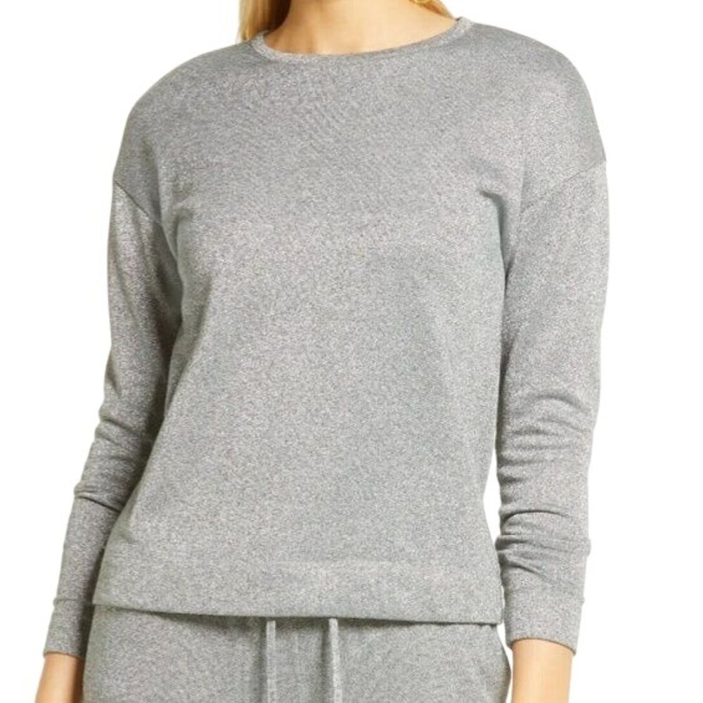 NEW ANNE KLEIN Metallic Cotton Blend Crew Neck Sweatshirt Silvery Gray Size L